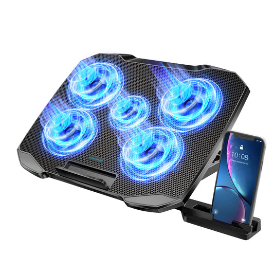 COOLCOOLD Laptop Cooling Pad for 12-17 Inch Laptops, Featuring 5 Silent Fans and Adjustable Angles with Integrated Phone Holder