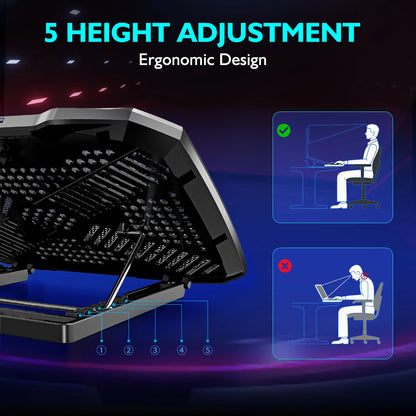 COOLCOOLD Laptop Cooling Pad for 12-17 Inch Laptops, Featuring 5 Silent Fans and Adjustable Angles with Integrated Phone Holder